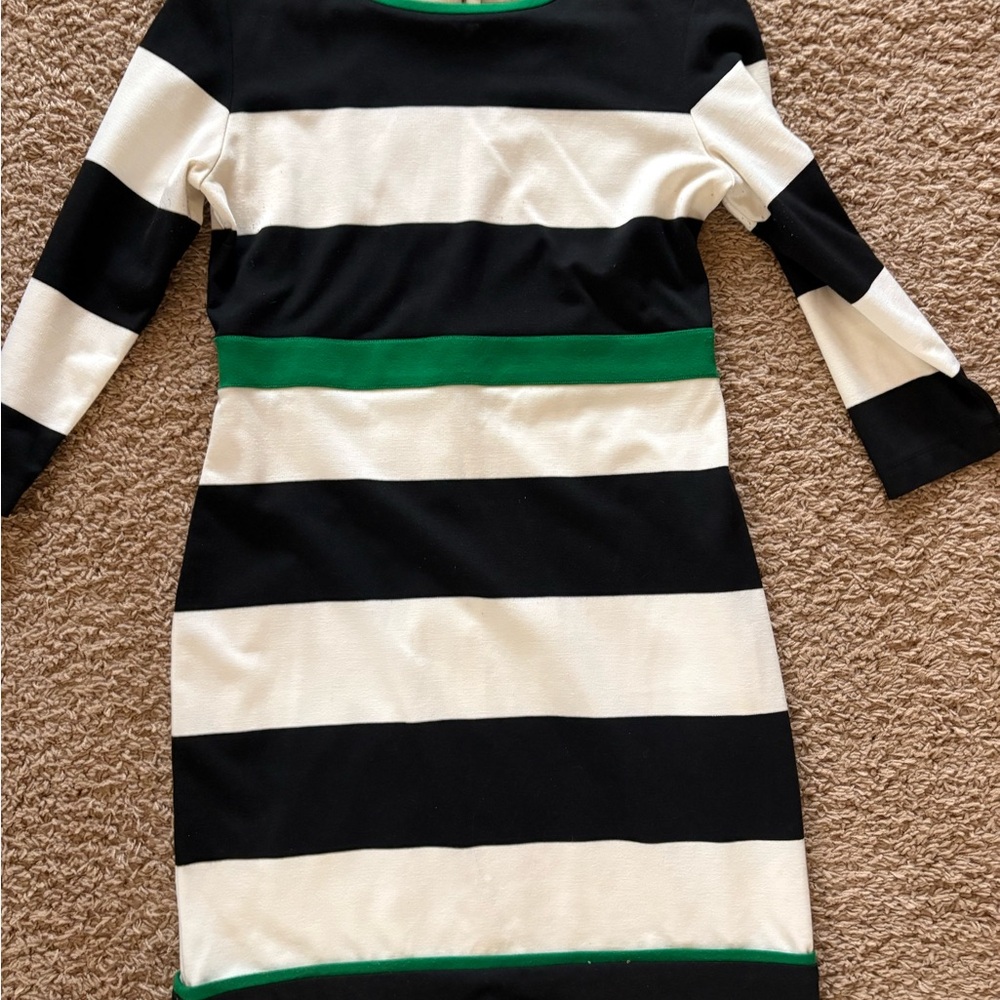 New Directions Black and White Striped Dress with Green Accents
